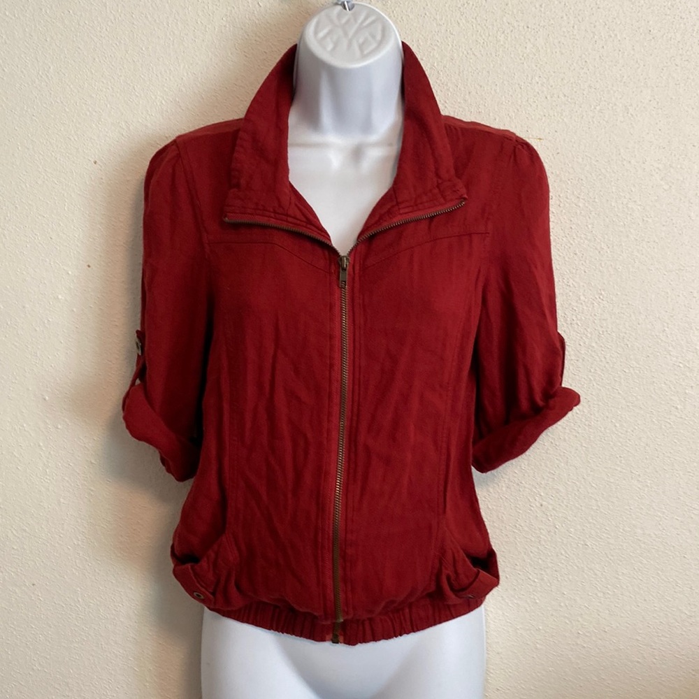 🍁🧱Brick Red Zip-Up Roll-Up Sleeves Top